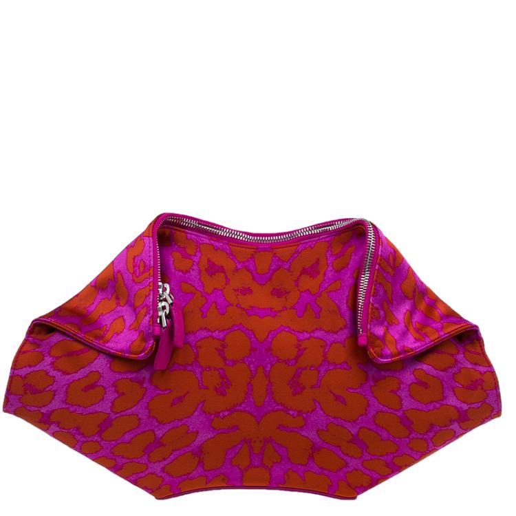 Pre Owned Alexander McQueen Red Leopard Print Satin Medium Floral De Manta Clutch