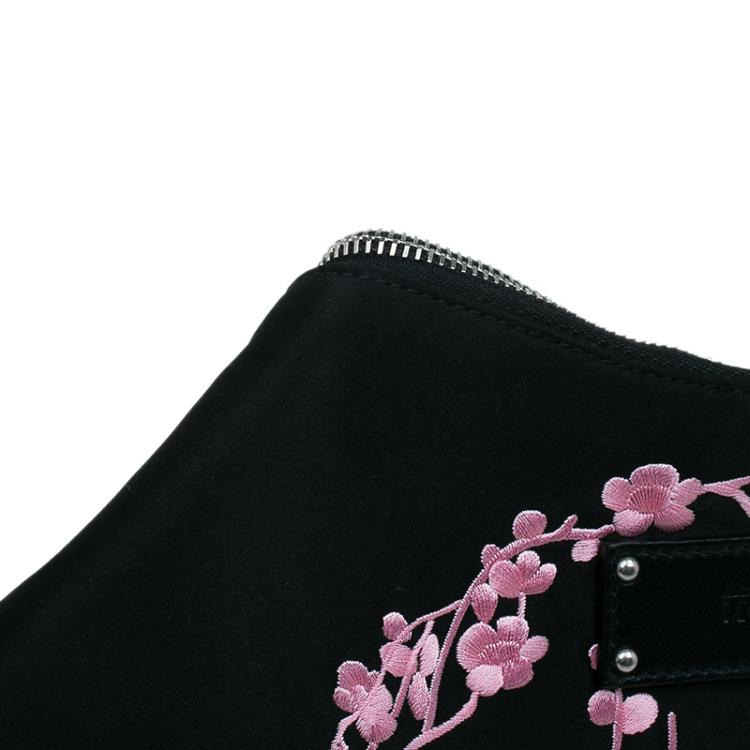 Pre Owned Alexander McQueen Black Satin Medium Embroidered Floral De Manta Clutch