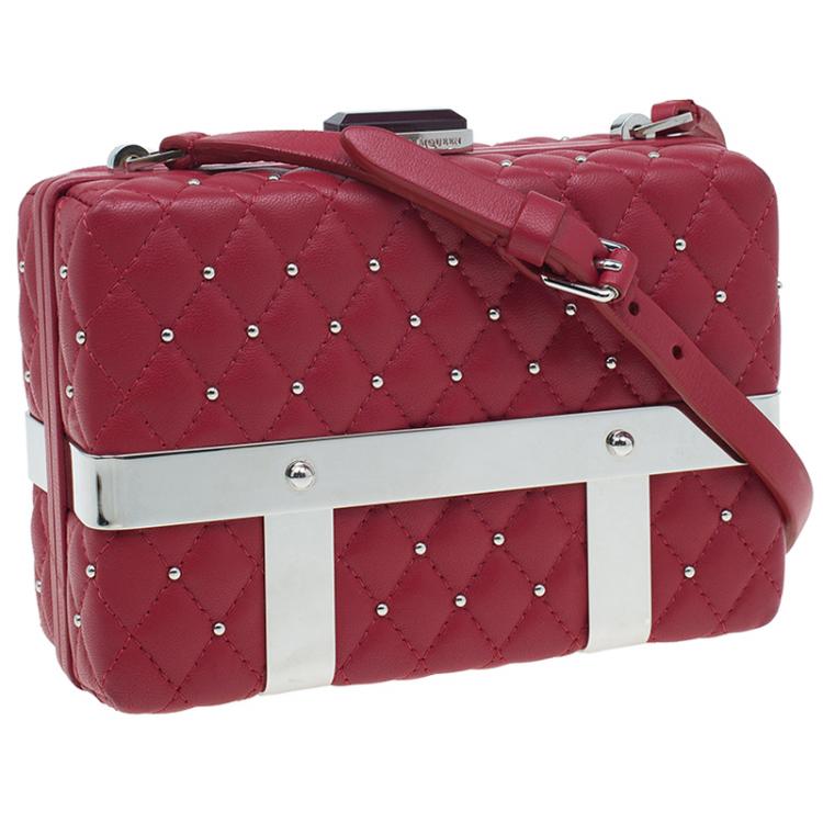 Pre Owned Alexander McQueen Red Quilted Leather Studded Caged Box Clutch