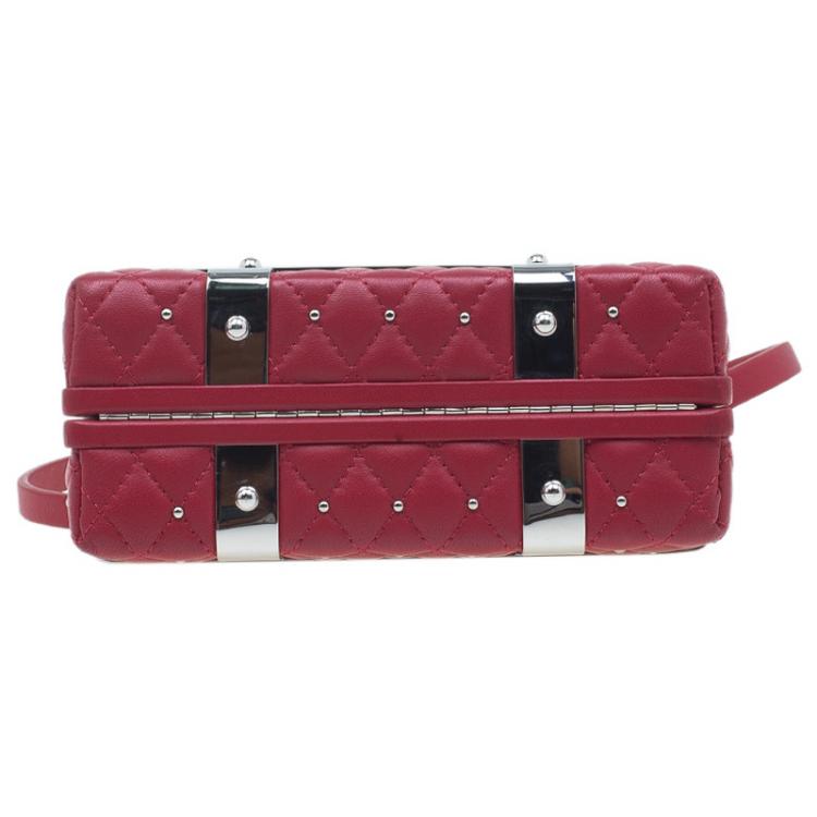 Pre Owned Alexander McQueen Red Quilted Leather Studded Caged Box Clutch