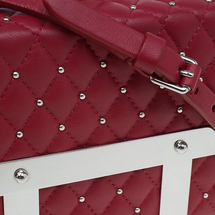 Pre Owned Alexander McQueen Red Quilted Leather Studded Caged Box Clutch