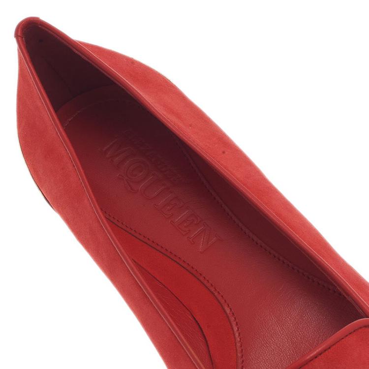 Pre Owned Alexander McQueen Red Suede Metal Cap Toe Smoking Slippers Size 39.5