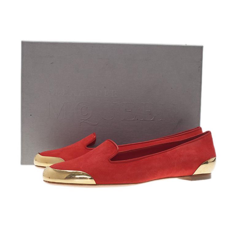 Pre Owned Alexander McQueen Red Suede Metal Cap Toe Smoking Slippers Size 39.5