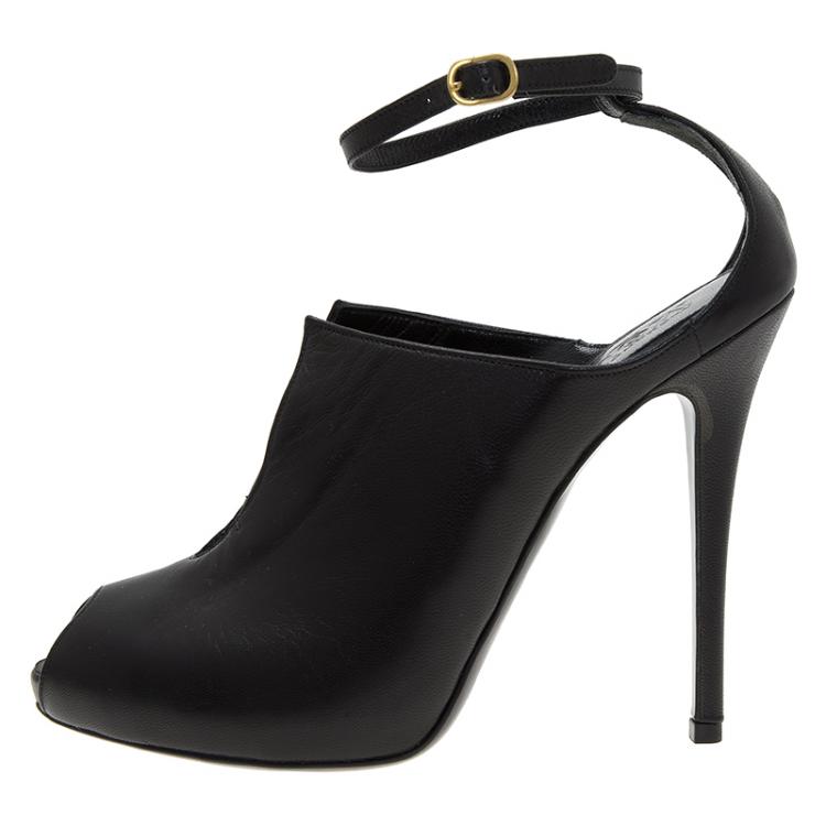 Pre Owned Alexander McQueen Black Leather Cutout Ankle Strap Booties Size 39