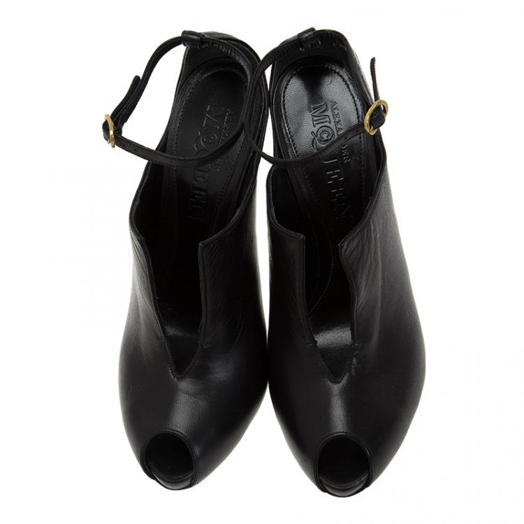 Pre Owned Alexander McQueen Black Leather Cutout Ankle Strap Booties Size 39