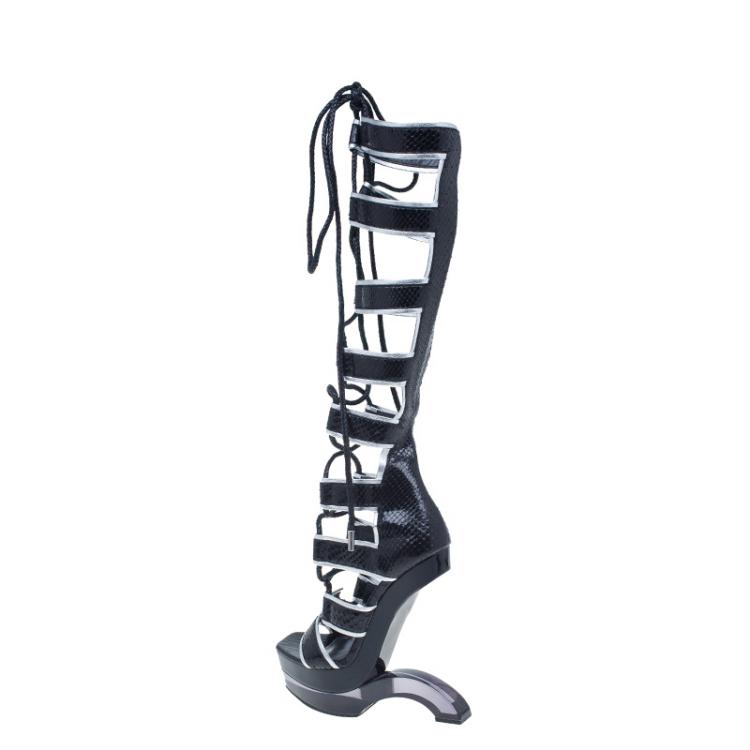 Pre Owned Alexander McQueen Black Glossed Python and Metallic Leather Gladiator Sandals Size 37