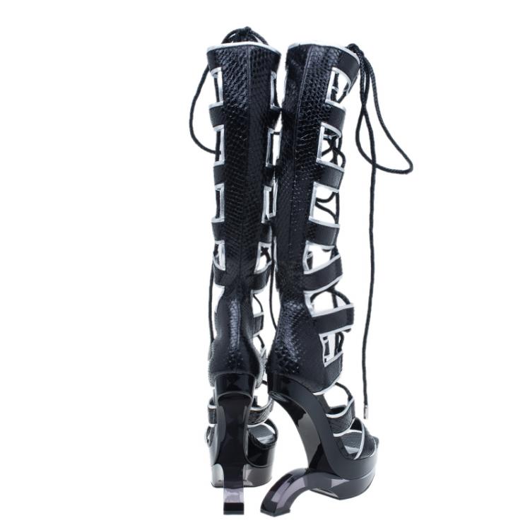 Pre Owned Alexander McQueen Black Glossed Python and Metallic Leather Gladiator Sandals Size 37