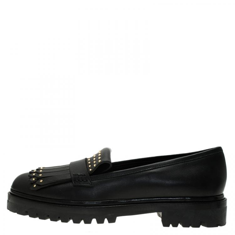 Pre Owned Alexander McQueen Black Leather Micro Studd Fringe Loafers Size 39.5