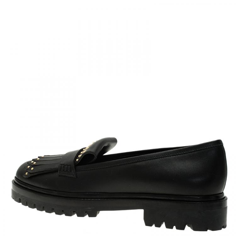 Pre Owned Alexander McQueen Black Leather Micro Studd Fringe Loafers Size 39.5
