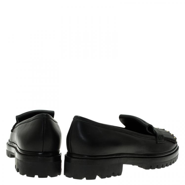 Pre Owned Alexander McQueen Black Leather Micro Studd Fringe Loafers Size 39.5