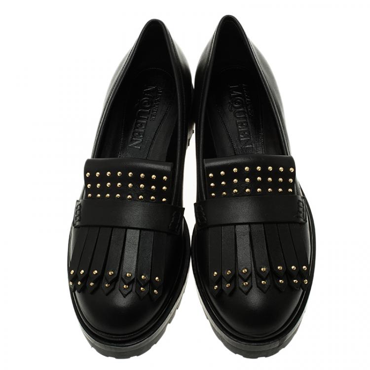 Pre Owned Alexander McQueen Black Leather Micro Studd Fringe Loafers Size 39.5