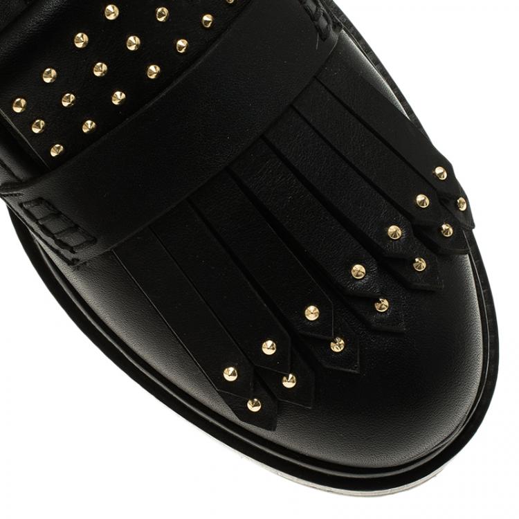 Pre Owned Alexander McQueen Black Leather Micro Studd Fringe Loafers Size 39.5