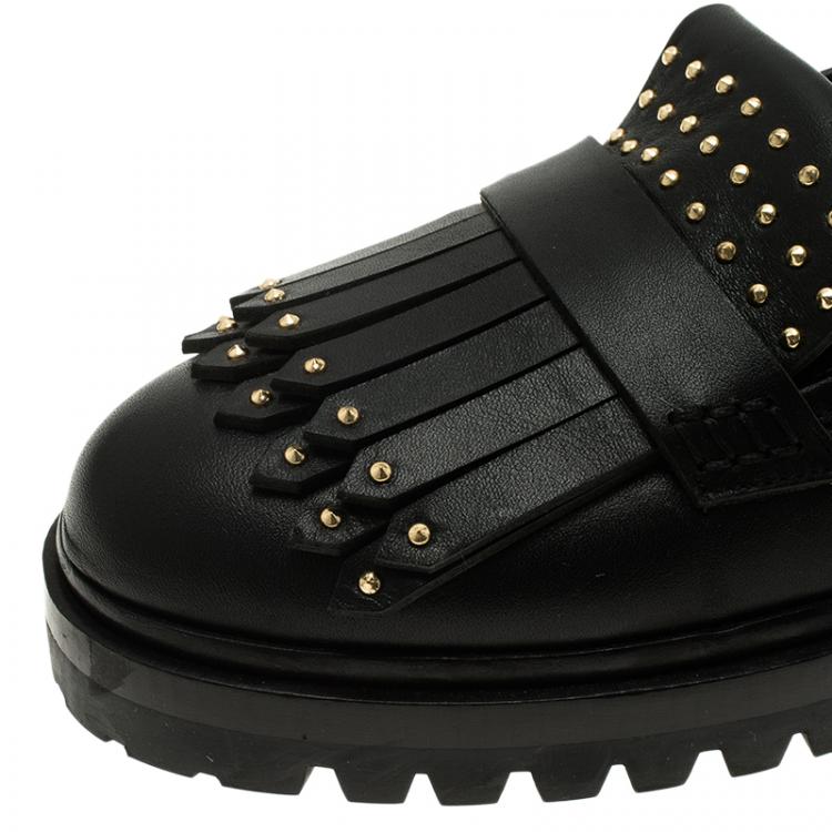 Pre Owned Alexander McQueen Black Leather Micro Studd Fringe Loafers Size 39.5