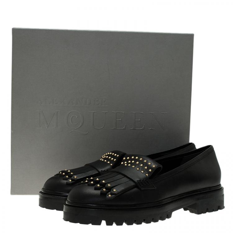 Pre Owned Alexander McQueen Black Leather Micro Studd Fringe Loafers Size 39.5