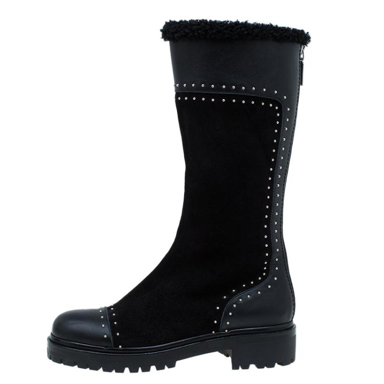 Pre Owned Alexander McQueen Black Suede and Leather Studded Shearling Fur-Lined Mid Calf Boots Size 38