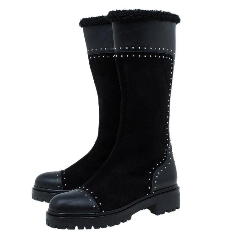 Pre Owned Alexander McQueen Black Suede and Leather Studded Shearling Fur-Lined Mid Calf Boots Size 38