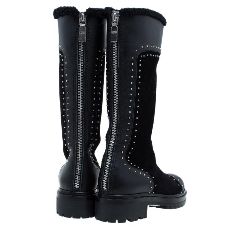 Pre Owned Alexander McQueen Black Suede and Leather Studded Shearling Fur-Lined Mid Calf Boots Size 38