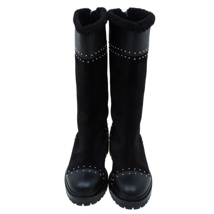 Pre Owned Alexander McQueen Black Suede and Leather Studded Shearling Fur-Lined Mid Calf Boots Size 38