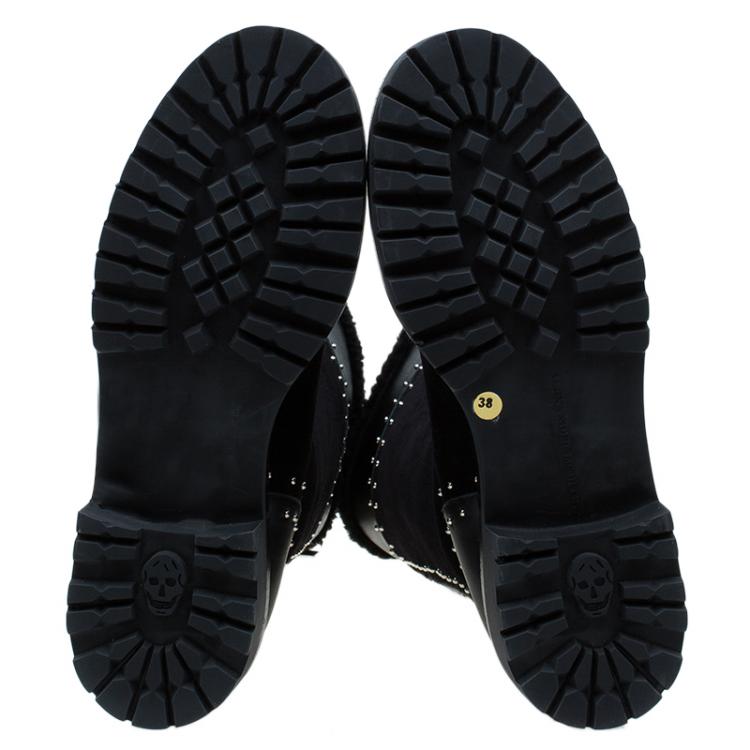 Pre Owned Alexander McQueen Black Suede and Leather Studded Shearling Fur-Lined Mid Calf Boots Size 38