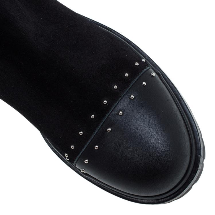 Pre Owned Alexander McQueen Black Suede and Leather Studded Shearling Fur-Lined Mid Calf Boots Size 38