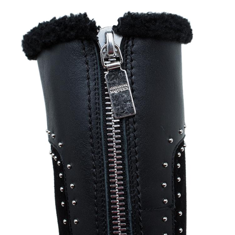 Pre Owned Alexander McQueen Black Suede and Leather Studded Shearling Fur-Lined Mid Calf Boots Size 38