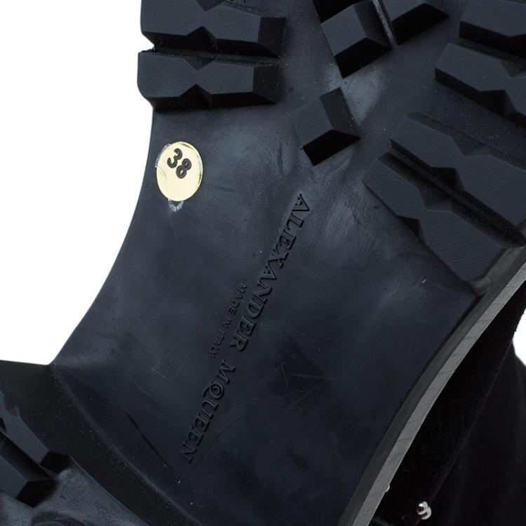 Pre Owned Alexander McQueen Black Suede and Leather Studded Shearling Fur-Lined Mid Calf Boots Size 38