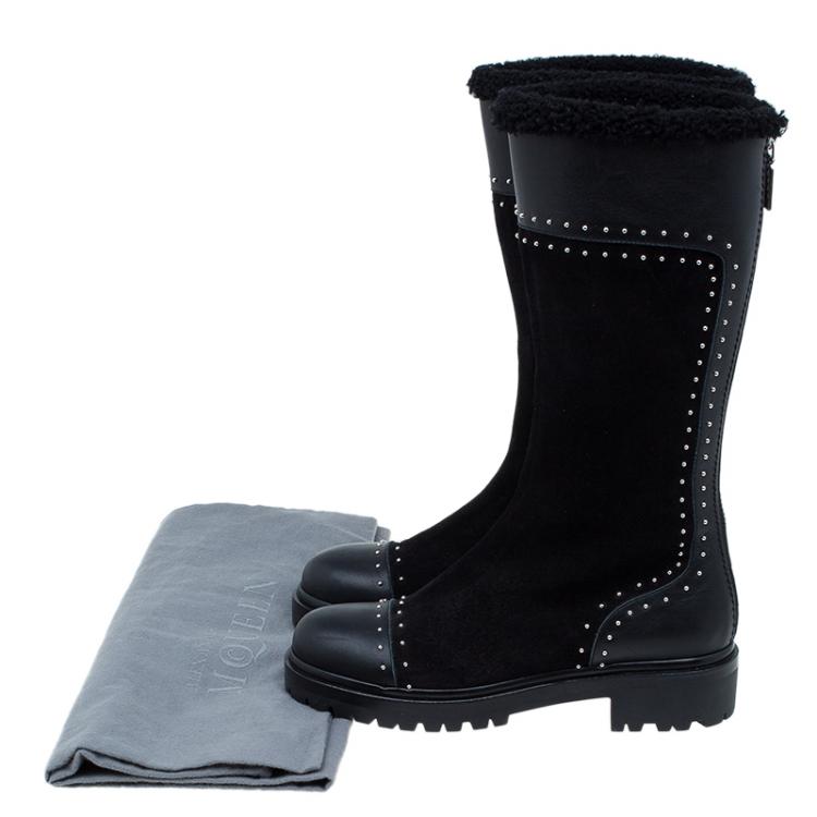 Pre Owned Alexander McQueen Black Suede and Leather Studded Shearling Fur-Lined Mid Calf Boots Size 38