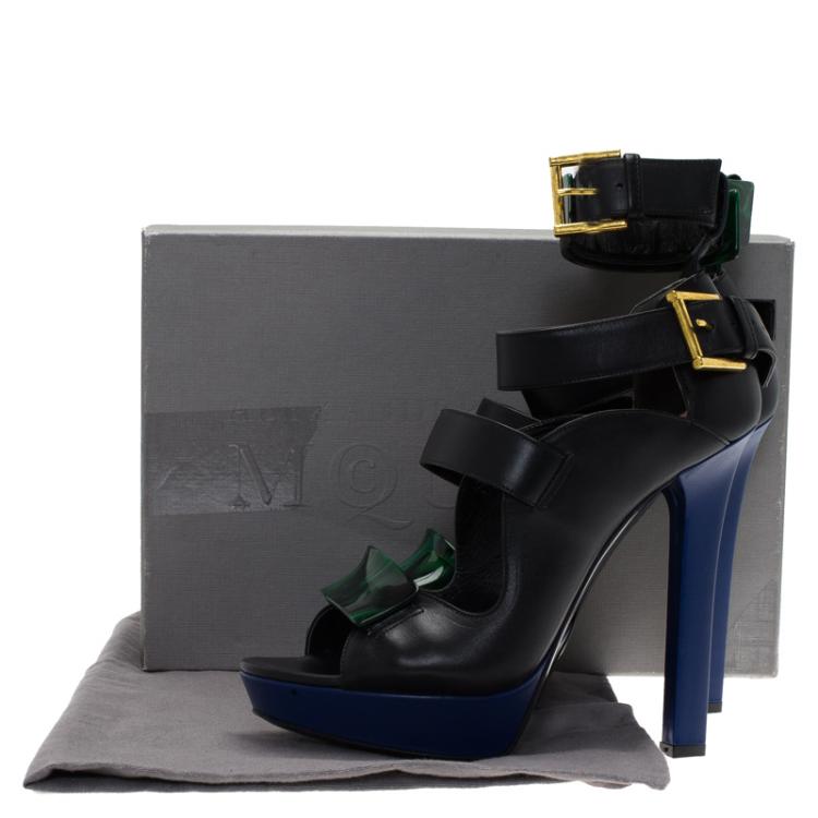 Pre Owned Alexander McQueen Black Plexi Plaque Strappy Sandals Size 39