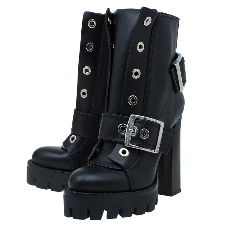Pre Owned Alexander McQueen Black Leather Buckled Combat Boots Size 40