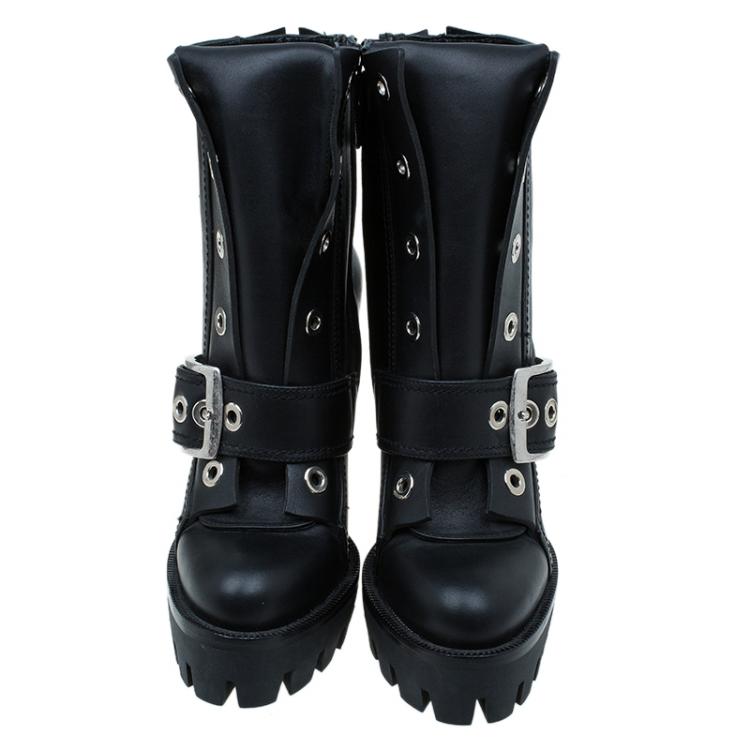 Pre Owned Alexander McQueen Black Leather Buckled Combat Boots Size 40