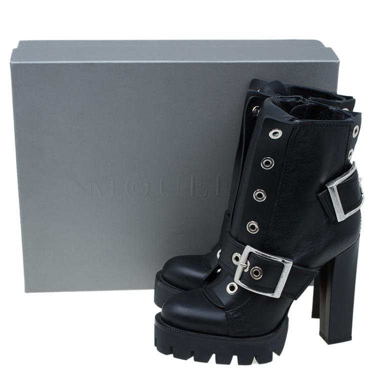 Pre Owned Alexander McQueen Black Leather Buckled Combat Boots Size 40