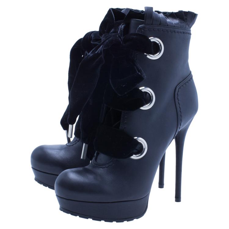 Pre Owned Alexander McQueen Black Leather and Velvet Lace Up Platform Ankle Boots Size 38