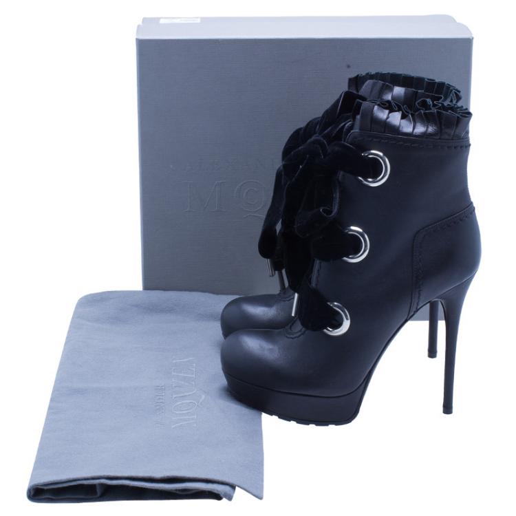 Pre Owned Alexander McQueen Black Leather and Velvet Lace Up Platform Ankle Boots Size 38