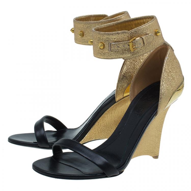 Pre Owned Alexander McQueen Black and Gold Leather Studded Wedge Sandals Size 37 