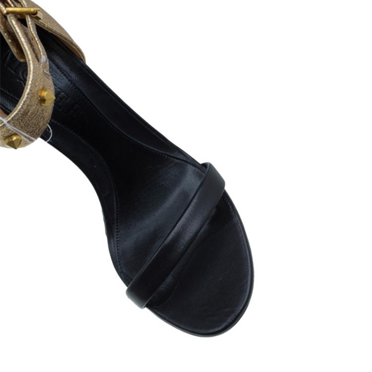 Pre Owned Alexander McQueen Black and Gold Leather Studded Wedge Sandals Size 37 