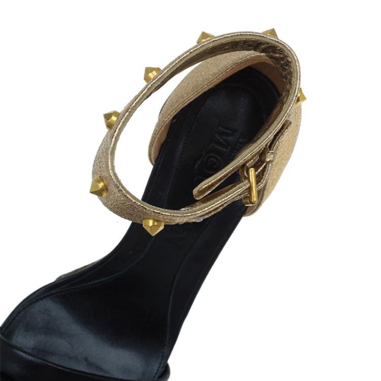 Pre Owned Alexander McQueen Black and Gold Leather Studded Wedge Sandals Size 37 