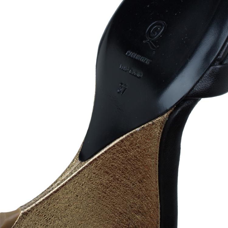 Pre Owned Alexander McQueen Black and Gold Leather Studded Wedge Sandals Size 37 