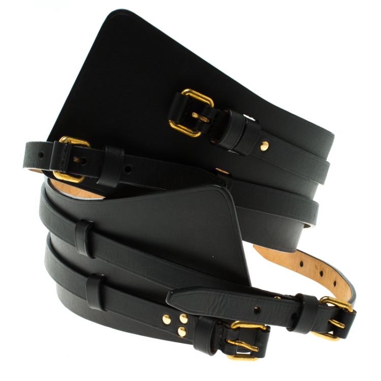 Pre Owned Alexander McQueen Black Leather Wide Waist Belt 85CM