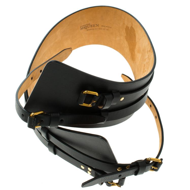 Pre Owned Alexander McQueen Black Leather Wide Waist Belt 85CM