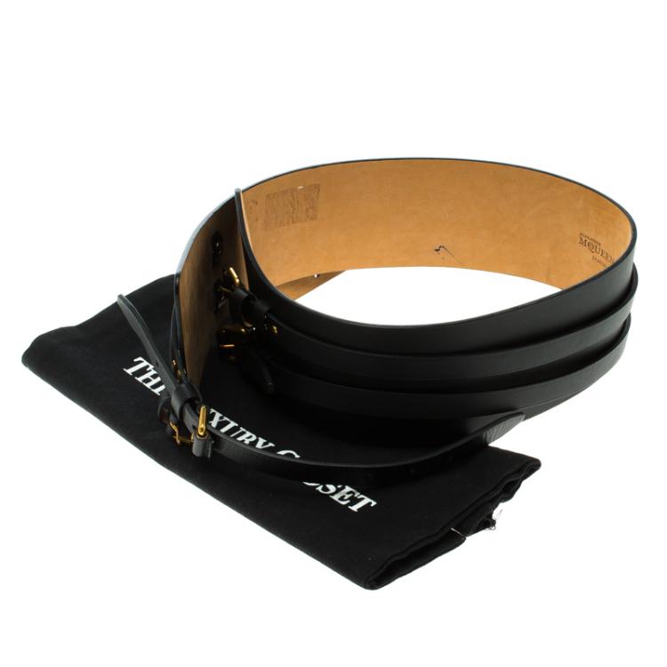 Pre Owned Alexander McQueen Black Leather Wide Waist Belt 85CM
