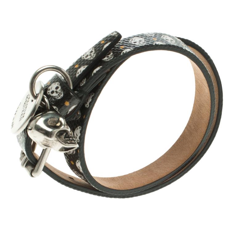 Pre Owned Alexander McQueen Black Leather Double Wrap Skull Charm Bracelet