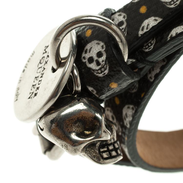 Pre Owned Alexander McQueen Black Leather Double Wrap Skull Charm Bracelet