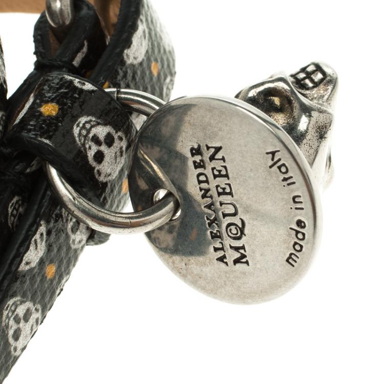 Pre Owned Alexander McQueen Black Leather Double Wrap Skull Charm Bracelet