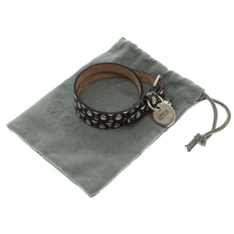 Pre Owned Alexander McQueen Black Leather Double Wrap Skull Charm Bracelet