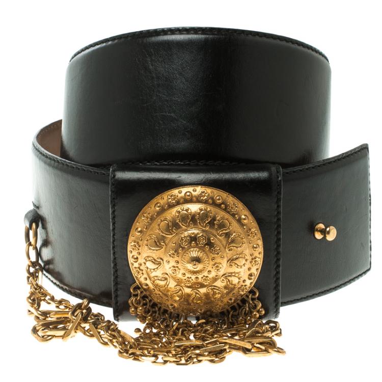 Pre Owned Alexander McQueen Black Leather Medallion Waist Belt 80 CM