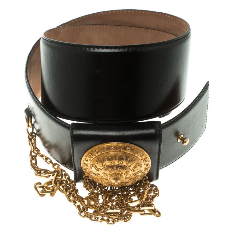 Pre Owned Alexander McQueen Black Leather Medallion Waist Belt 80 CM