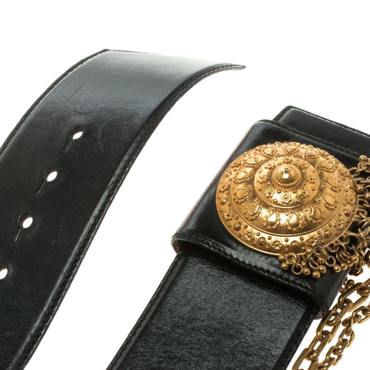 Pre Owned Alexander McQueen Black Leather Medallion Waist Belt 80 CM