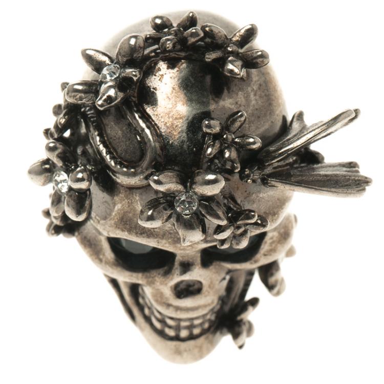 Pre Owned Alexander McQueen Crystal Flower Skull & Butterfly Silver Tone Chunky Ring Size 51