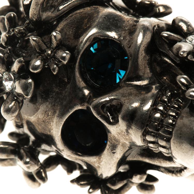 Pre Owned Alexander McQueen Crystal Flower Skull & Butterfly Silver Tone Chunky Ring Size 51