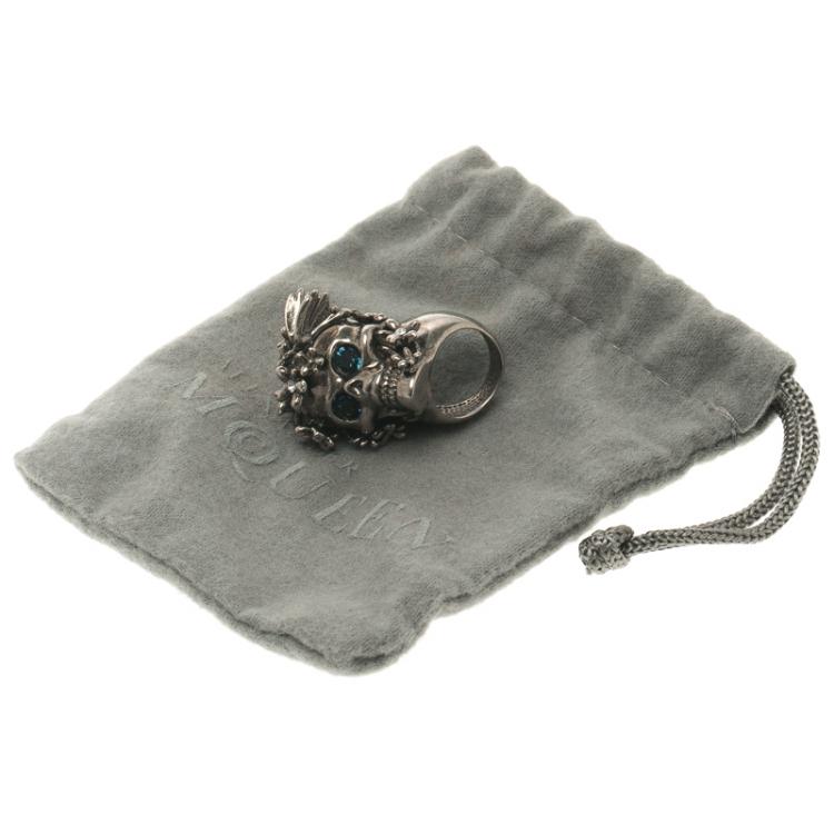 Pre Owned Alexander McQueen Crystal Flower Skull & Butterfly Silver Tone Chunky Ring Size 51
